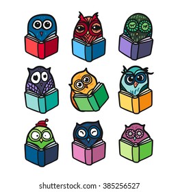 Hand  Drawn Funny Owl with Book. Owls Learning subject for print, fabric, wrap and illustration, game, web and children's items. . Vector