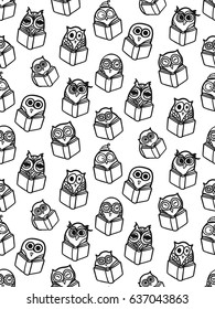 Hand Drawn Funny Owl with Book seamless pattern. Owls Learning subject for print, fabric, wrap and illustration, game, web and children items. Vector