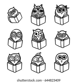 Hand Drawn Funny Owl with Book. Owls Learning subject for print, fabric, wrap and illustration, game, web and children items. . Vector