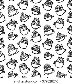 Hand  Drawn Funny Owl in Cup. Owls seamless pattern for print, fabric, wrap and illustration, game, web and children's items. Good morning or good night. Vector
