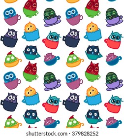Hand  Drawn Funny Owl in Cup. Owls seamless pattern for print, fabric, wrap and illustration, game, web and children's items. Good morning or good night. Vector