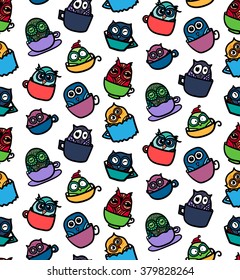 Hand  Drawn Funny Owl in Cup. Owls seamless pattern for print, fabric, wrap and illustration, game, web and children's items. Good morning or good night. Vector