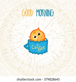 Hand  Drawn Funny Owl with Cup of Coffee. Owl with Good Morning poster for print, fabric, wrap and illustration. Vector