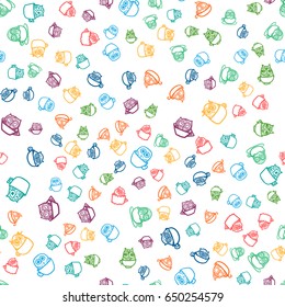 Hand Drawn Funny Owl in Cup. Owls seamless pattern for print, fabric, wrap and illustration, game, web and children's items. Good morning or good night. Vector