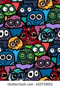 Hand Drawn Funny Owl in Cup. Owls seamless pattern for print, fabric, wrap and illustration, game, web and children's items. Good morning or good night. Vector