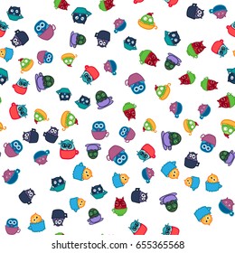 Hand Drawn Funny Owl in Cup. Owls seamless pattern for print, fabric, wrap and illustration, game, web and children's items. Good morning or good night. Vector