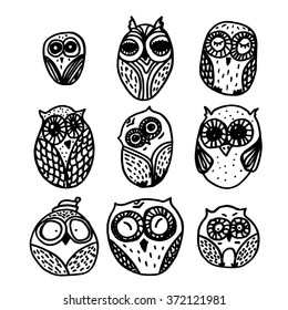 Hand  Drawn Funny Owl. Owls set for print, fabric, wrap, illustration. Vector