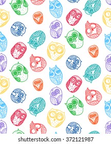 Hand  Drawn Funny Owl. Owls seamless pattern for print, fabric, wrap, illustration. Vector