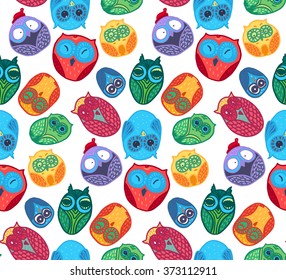 Hand  Drawn Funny Owl. Owls seamless pattern for print, fabric, wrap, illustration, game, web, children's items. Vector