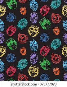 Hand  Drawn Funny Owl. Owls seamless pattern for print, fabric, wrap, illustration, game, web, children's items. Vector