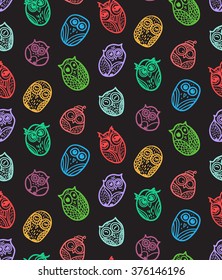 Hand  Drawn Funny Owl. Owls seamless pattern for print, fabric, wrap and illustration, game, web and children's items. Vector