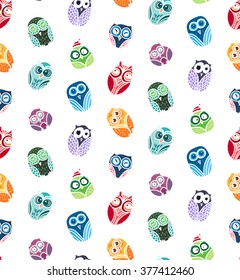 Hand  Drawn Funny Owl. Owls seamless pattern for print, fabric, wrap and illustration, game, web and children's items. Vector
