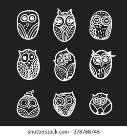 Hand  Drawn Funny Owl. Owls set for print, fabric, wrap and illustration. Vector