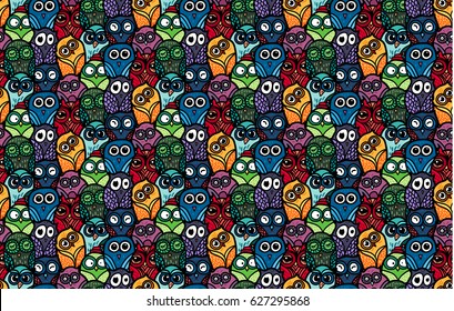 Hand Drawn Funny Owl. Owls seamless pattern for print, fabric, wrap and illustration, game, web and childrens items. Vector