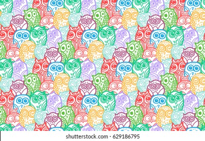 Hand Drawn Funny Owl. Owls seamless pattern for print, fabric, wrap and illustration, game, web and childrens items. Vector