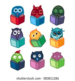 Hand  Drawn Funny Owls with Books. Owls Learning subject for print, fabric, wrap and illustration, game, web and children's items. Vector
