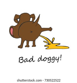 Dibujado a mano divertido peeing perro. Ilustración vectorial única en estilo moderno. Hermosa Imagen en colores marrones y amarillos aislados sobre fondo blanco. Afiche de perrito malo.