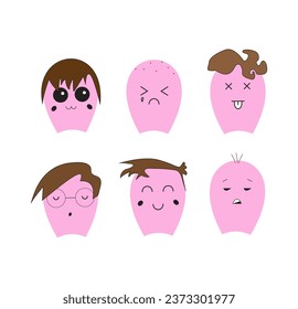 Hand drawn funny pink characters faces with various emotions on white background, vector illustration