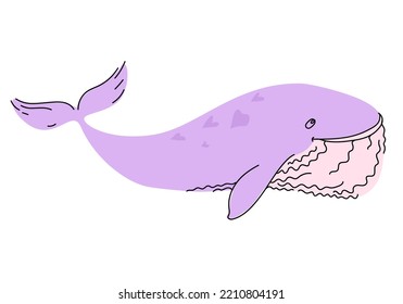 Hand drawn funny pink vector whale in doodle style.