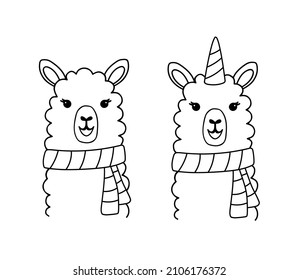 Hand drawn funny portrait of baby llama iwith scarf. Black and white line drawing alpaca unicorn for coloring page . Cute outline vector illustration isolated on white background.