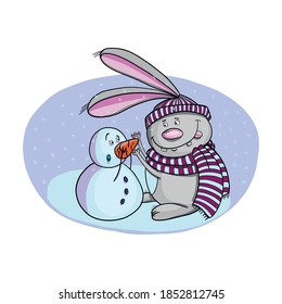 Hand drawn funny rabbit and snowman characters winter scene