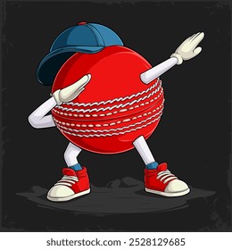 Hand drawn funny red Dabbing stitched cricket ball with hands and legs doing dab dance gesture pose