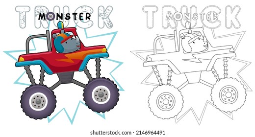 Hand drawn of funny rhino cartoon on monster truck, coloring book or page