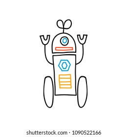 Hand drawn funny robot. Cartoon character. Doodle illustration. Vector.