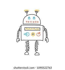 Hand drawn funny robot. Cartoon character. Doodle illustration. Vector.