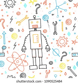 Hand drawn funny robots. Seamless pattern. White background. Doodle vector illustration.