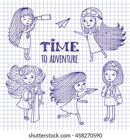 Hand drawn funny romantic girl, cartoon characters, doodles. Set of cute girls women travelers. Sketch pen on notebook sheet.