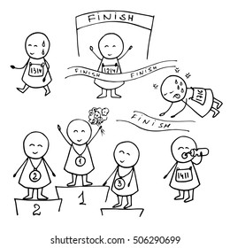Hand drawn funny runners. Marathon background. Vector sport set.