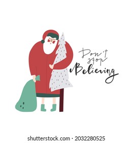 Hand drawn funny Santa Claus with bag and herringbone. Christmas New year greeting card, postcard, poster, banner, print