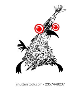 Hand drawn funny scribble drawing with cute witchy, fun birdie character isolated on white background. Vector grunge illustration for Halloween celebrationg, print, decorations, icon, sticker