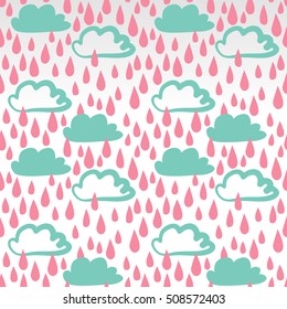 Hand drawn funny seamless pattern with clouds and rain drops. Vector illustration