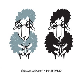 Hand drawn funny sheep in glasses eating WOK, 2 colors and monocolor print 