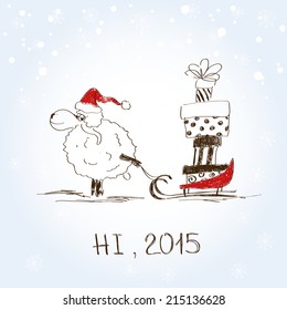 Hand drawn funny sheep with sledge full of presents - symbol of the New Year 2015