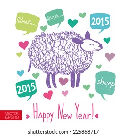 Hand drawn funny sheep  talking about new year. Graphic careless style with speech bubbles and hand-drawn text. New 2015 Year theme. Vector illustration
