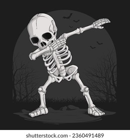 Hand drawn funny Skeleton doing dabbing dance, Halloween skull character dancing dab movement