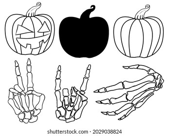 Hand drawn funny skeleton hands with a pumpkin vector illustration, Halloween Bones and icons drawing isolated in a white background