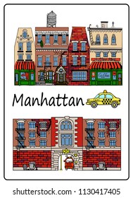 Hand drawn funny sketch cityscape with houses and fire station on Manhattan in New York City. Vector craft color illustration.
Doodle city buildings. Picture for design postcard, poster, magazine.