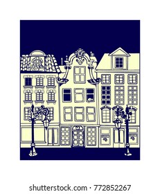 Hand drawn funny sketch cityscape with apartment house. Vector illustration.
Doodle of city buildings. Monochrome house. Picture for decoration and coloring. Children's wallpaper. Vintage style.