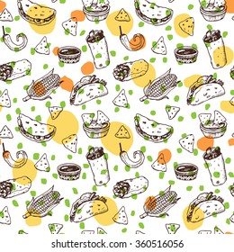 Hand drawn funny sketch Mexican food seamless background.