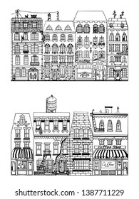 Hand drawn funny sketch set cityscape with apartment house. Vector illustration.
Doodle of city buildings. Monochrome house. Picture for decoration and coloring. Children's wallpaper. Ancient style.