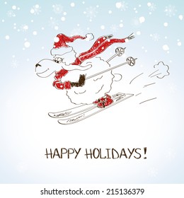 Hand drawn funny skiing sheep - symbol of the New Year 2015