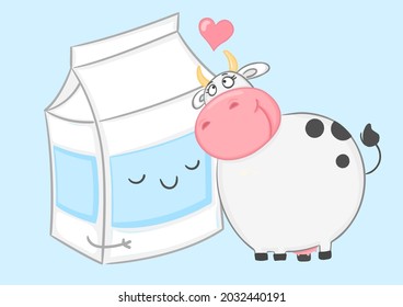 Hand drawn Funny smiling cow and a carton of milk. Animal wildlife cartoon character. Sketch Vector illustration for t shirt design, Cute Sticker, fashion print, graphic Greeting cards, posters, print
