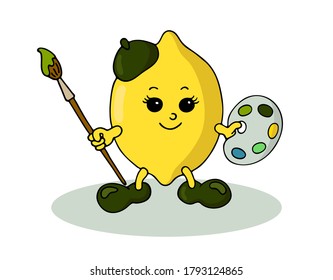 Hand drawn funny smiling kawaii lemon with palette and brush in doodle style. Isolated colored cheerful vector illustration