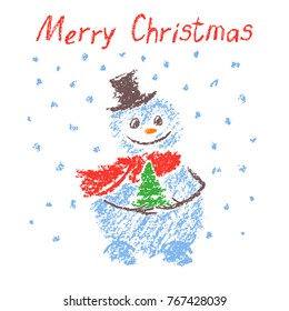 Hand drawn funny smiling snowman with christmas tree on snow background. Like child's drawing crayon, chalk or pencil cute white doodle character. Vector grunge style illustration card.
