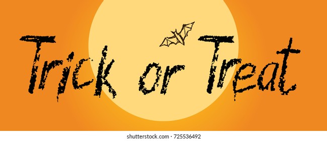 Hand drawn funny spooky halloween day letters and text trick or treat with cute bat. Vector simply line lettering charcoal, crayon, chalk or pencil writing. 