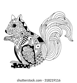 Hand drawn funny squirrel - illustration in zentangle style. Vector monochrome sketch